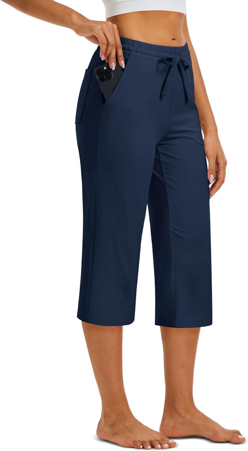 imageMAGCOMSEN Womens Capri Pants Cotton Yoga Wide Leg Capris Loose Casual Lounge Workout Capri Sweatpants with 5 PocketsNavy Blue