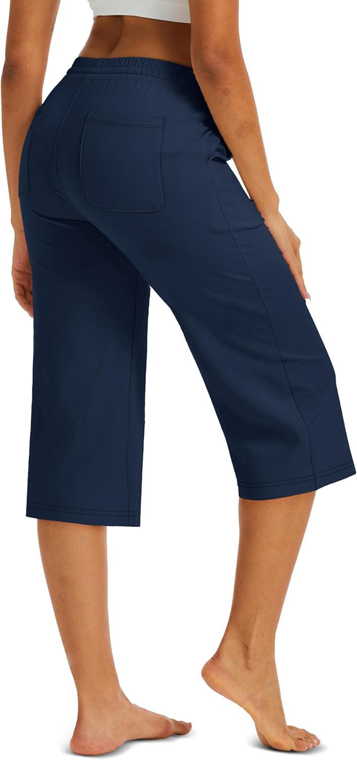 imageMAGCOMSEN Womens Capri Pants Cotton Yoga Wide Leg Capris Loose Casual Lounge Workout Capri Sweatpants with 5 PocketsNavy Blue