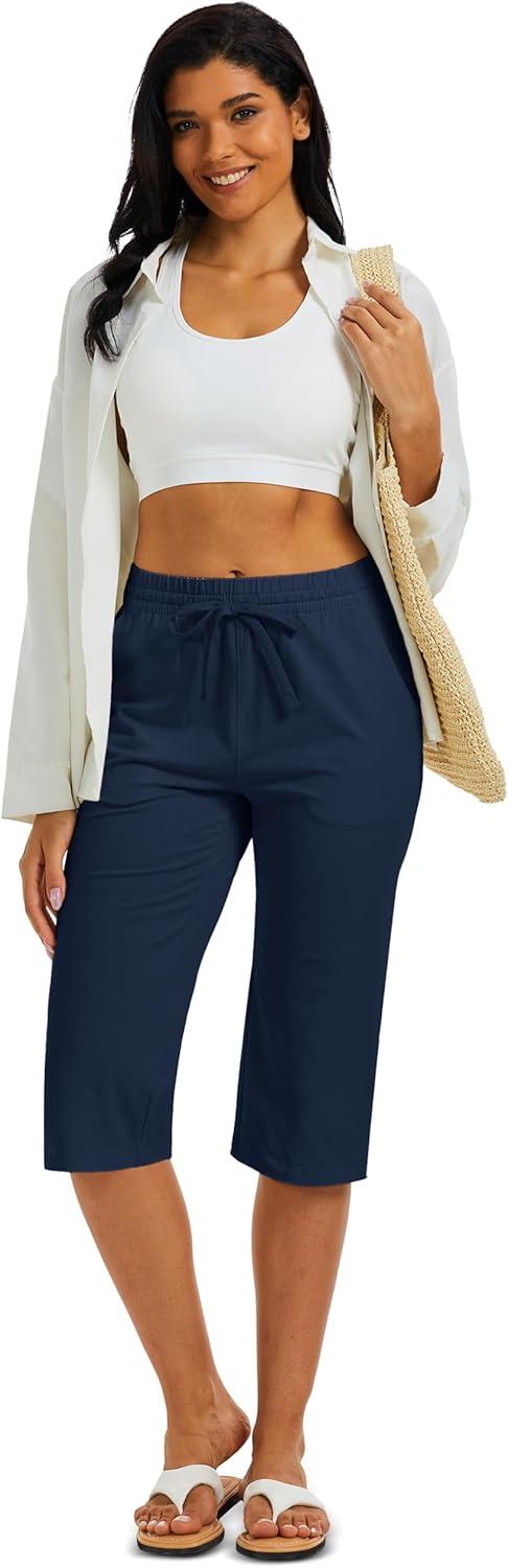 imageMAGCOMSEN Womens Capri Pants Cotton Yoga Wide Leg Capris Loose Casual Lounge Workout Capri Sweatpants with 5 PocketsNavy Blue