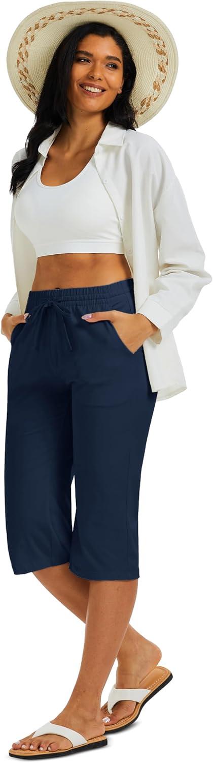 imageMAGCOMSEN Womens Capri Pants Cotton Yoga Wide Leg Capris Loose Casual Lounge Workout Capri Sweatpants with 5 PocketsNavy Blue