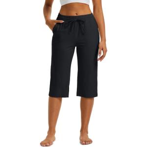 imageMAGCOMSEN Womens Capri Pants Cotton Yoga Wide Leg Capris Loose Casual Lounge Workout Capri Sweatpants with 5 PocketsBlack
