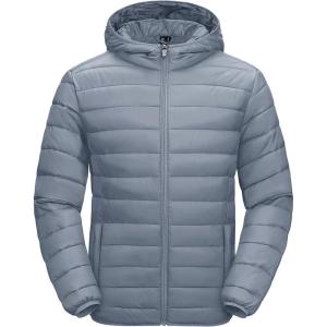 imageMAGCOMSEN Mens Lightweight Puffer Jacket Hooded Warm Winter Coat Quilted Lined WaterResistant Full Zip Bubble JacketsLight Grey