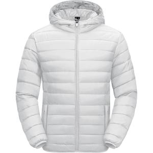 imageMAGCOMSEN Mens Lightweight Puffer Jacket Hooded Warm Winter Coat Quilted Lined WaterResistant Full Zip Bubble JacketsWhite