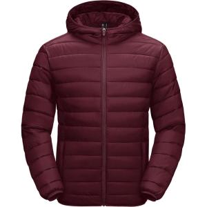 imageMAGCOMSEN Mens Lightweight Puffer Jacket Hooded Warm Winter Coat Quilted Lined WaterResistant Full Zip Bubble JacketsWine Red