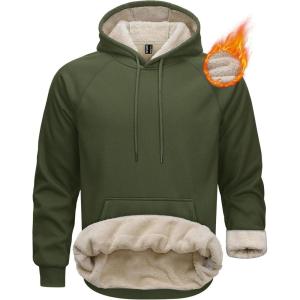 imageMAGCOMSEN Mens Sherpa Hoodie Heavyweight Fleece Lined Thick Winter Thermal Athletic Sweatshirt with Kangaroo PocketArmygreen