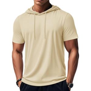 imageMAGCOMSEN Mens Short Sleeve Hoodie Cotton Hooded T Shirts Lightweight Sweatshirt Hoodies PulloverApricot