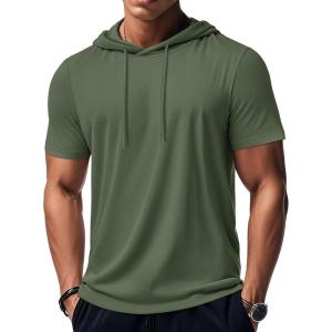 imageMAGCOMSEN Mens Short Sleeve Hoodie Cotton Hooded T Shirts Lightweight Sweatshirt Hoodies PulloverArmy Green