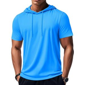 imageMAGCOMSEN Mens Short Sleeve Hoodie Cotton Hooded T Shirts Lightweight Sweatshirt Hoodies PulloverAzure