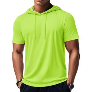 imageMAGCOMSEN Mens Short Sleeve Hoodie Cotton Hooded T Shirts Lightweight Sweatshirt Hoodies PulloverFluorescent Green