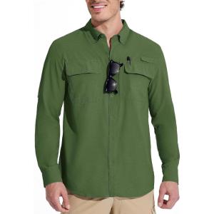 imageMAGCOMSEN Mens Sun Protection Fishing Shirts Long Sleeve UPF 50 Quick Dry Cooling Button Down Shirt for Hiking SafariArmy Green