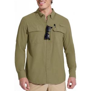 imageMAGCOMSEN Mens Sun Protection Fishing Shirts Long Sleeve UPF 50 Quick Dry Cooling Button Down Shirt for Hiking SafariKhaki