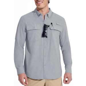 imageMAGCOMSEN Mens Sun Protection Fishing Shirts Long Sleeve UPF 50 Quick Dry Cooling Button Down Shirt for Hiking SafariLight Grey