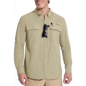 imageMAGCOMSEN Mens Sun Protection Fishing Shirts Long Sleeve UPF 50 Quick Dry Cooling Button Down Shirt for Hiking SafariLight Khaki