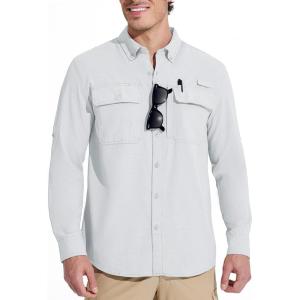 imageMAGCOMSEN Mens Sun Protection Fishing Shirts Long Sleeve UPF 50 Quick Dry Cooling Button Down Shirt for Hiking SafariWhite