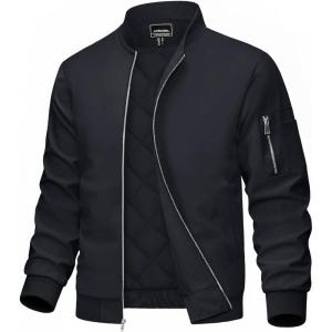 imageMAGCOMSEN Mens Bomber Jacket Casual Windproof Quilted Jacket Full Zip Windbreaker Winter Warm Varsity Jacket with PocketsBlack
