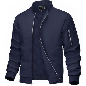 imageMAGCOMSEN Mens Bomber Jacket Casual Windproof Quilted Jacket Full Zip Windbreaker Winter Warm Varsity Jacket with PocketsNavy