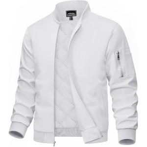 imageMAGCOMSEN Mens Bomber Jacket Casual Windproof Quilted Jacket Full Zip Windbreaker Winter Warm Varsity Jacket with PocketsWhite