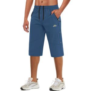 imageMAGCOMSEN Mens Capri Shorts Quick Dry Below Knee 34 Capri Pants with Zipper Pockets for Workout Running Training SummerBlue Grey
