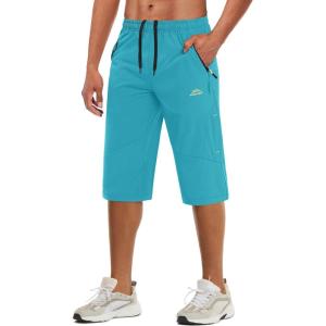 imageMAGCOMSEN Mens Capri Shorts Quick Dry Below Knee 34 Capri Pants with Zipper Pockets for Workout Running Training SummerLake Blue