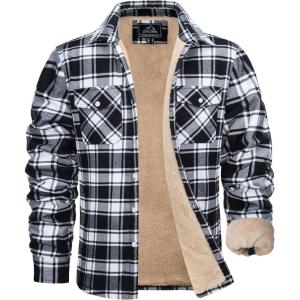 imageMAGCOMSEN Mens Flannel Shirt Fleece Lined Heavyweight Flannel Jacket Cotton Button Up Plaid Shirt Warm Winter CoatBlack