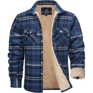 imageMAGCOMSEN Mens Flannel Shirt Fleece Lined Heavyweight Flannel Jacket Cotton Button Up Plaid Shirt Warm Winter CoatBlue Grey