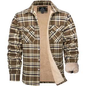 imageMAGCOMSEN Mens Flannel Shirt Fleece Lined Heavyweight Flannel Jacket Cotton Button Up Plaid Shirt Warm Winter CoatBrown