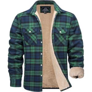 imageMAGCOMSEN Mens Flannel Shirt Fleece Lined Heavyweight Flannel Jacket Cotton Button Up Plaid Shirt Warm Winter CoatGreen