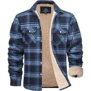 imageMAGCOMSEN Mens Flannel Shirt Fleece Lined Heavyweight Flannel Jacket Cotton Button Up Plaid Shirt Warm Winter CoatGrey Blue