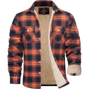 imageMAGCOMSEN Mens Flannel Shirt Fleece Lined Heavyweight Flannel Jacket Cotton Button Up Plaid Shirt Warm Winter CoatOrange