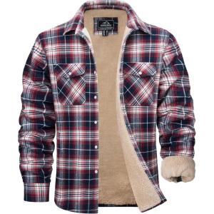 imageMAGCOMSEN Mens Flannel Shirt Fleece Lined Heavyweight Flannel Jacket Cotton Button Up Plaid Shirt Warm Winter CoatRed
