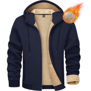 imageMAGCOMSEN Mens Fleece Hoodie Sherpa Jacket Full Zip Warm Fuzzy Windproof Winter Coats Hooded OutwearNavy