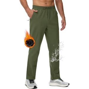 imageMAGCOMSEN Mens Fleece Lined Sweatpants with Zipper Pockets Athletic Workout Running Winter Water Resistant PantsArmy Green