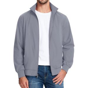 imageMAGCOMSEN Mens Lightweight Bomber Jacket Windproof Water Resistant Zip Up Coat Stand Up Collar Windbreaker with 3 PocketsLight Grey