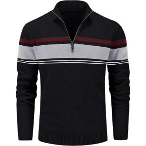 imageMAGCOMSEN Mens Sweaters 14 Zip Cotton Sweater Pullover Polo Sweaters Striped Fall Winter Warm SweatshirtsBlack