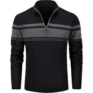 imageMAGCOMSEN Mens Sweaters 14 Zip Cotton Sweater Pullover Polo Sweaters Striped Fall Winter Warm SweatshirtsDark Black