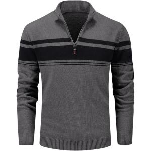 imageMAGCOMSEN Mens Sweaters 14 Zip Cotton Sweater Pullover Polo Sweaters Striped Fall Winter Warm SweatshirtsDark Grey