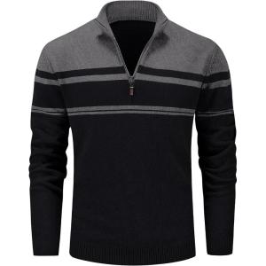 imageMAGCOMSEN Mens Sweaters 14 Zip Cotton Sweater Pullover Polo Sweaters Striped Fall Winter Warm SweatshirtsDark Grey Black