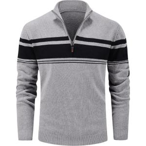 imageMAGCOMSEN Mens Sweaters 14 Zip Cotton Sweater Pullover Polo Sweaters Striped Fall Winter Warm SweatshirtsLight Grey