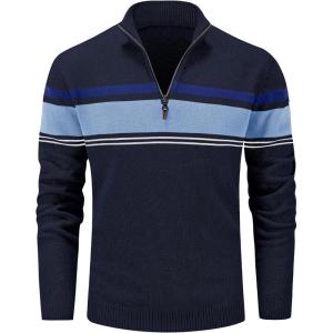imageMAGCOMSEN Mens Sweaters 14 Zip Cotton Sweater Pullover Polo Sweaters Striped Fall Winter Warm SweatshirtsNavy Lack Blue