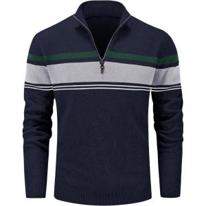 imageMAGCOMSEN Mens Sweaters 14 Zip Cotton Sweater Pullover Polo Sweaters Striped Fall Winter Warm SweatshirtsNavy Light Grey
