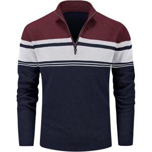 imageMAGCOMSEN Mens Sweaters 14 Zip Cotton Sweater Pullover Polo Sweaters Striped Fall Winter Warm SweatshirtsNavy Wine Red