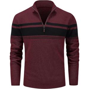 imageMAGCOMSEN Mens Sweaters 14 Zip Cotton Sweater Pullover Polo Sweaters Striped Fall Winter Warm SweatshirtsWine Red
