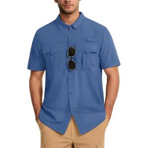 imageMAGCOMSEN Mens UPF 50 Fishing Shirts UV Sun Protection Cooling Quick Dry Short Sleeve Shirts for Hiking Safari CampingBlue Gray