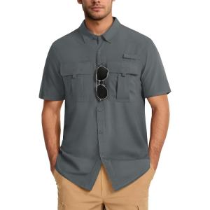 imageMAGCOMSEN Mens UPF 50 Fishing Shirts UV Sun Protection Cooling Quick Dry Short Sleeve Shirts for Hiking Safari CampingDark Grey