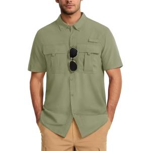 imageMAGCOMSEN Mens UPF 50 Fishing Shirts UV Sun Protection Cooling Quick Dry Short Sleeve Shirts for Hiking Safari CampingGrey Green