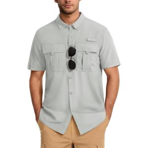 imageMAGCOMSEN Mens UPF 50 Fishing Shirts UV Sun Protection Cooling Quick Dry Short Sleeve Shirts for Hiking Safari CampingLight Grey