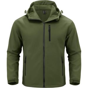 imageMAGCOMSEN Mens Waterproof Fleece Lined Rain Jacket Lightweight Softshell Raincoat with Hood Winter Hiking WindbreakerArmy Green
