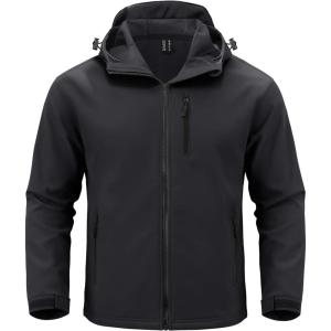 imageMAGCOMSEN Mens Waterproof Fleece Lined Rain Jacket Lightweight Softshell Raincoat with Hood Winter Hiking WindbreakerBlack