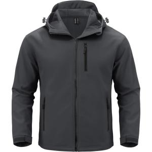 imageMAGCOMSEN Mens Waterproof Fleece Lined Rain Jacket Lightweight Softshell Raincoat with Hood Winter Hiking WindbreakerDark Grey