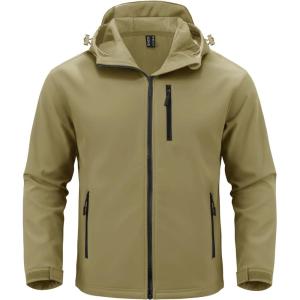 imageMAGCOMSEN Mens Waterproof Fleece Lined Rain Jacket Lightweight Softshell Raincoat with Hood Winter Hiking WindbreakerKhaki